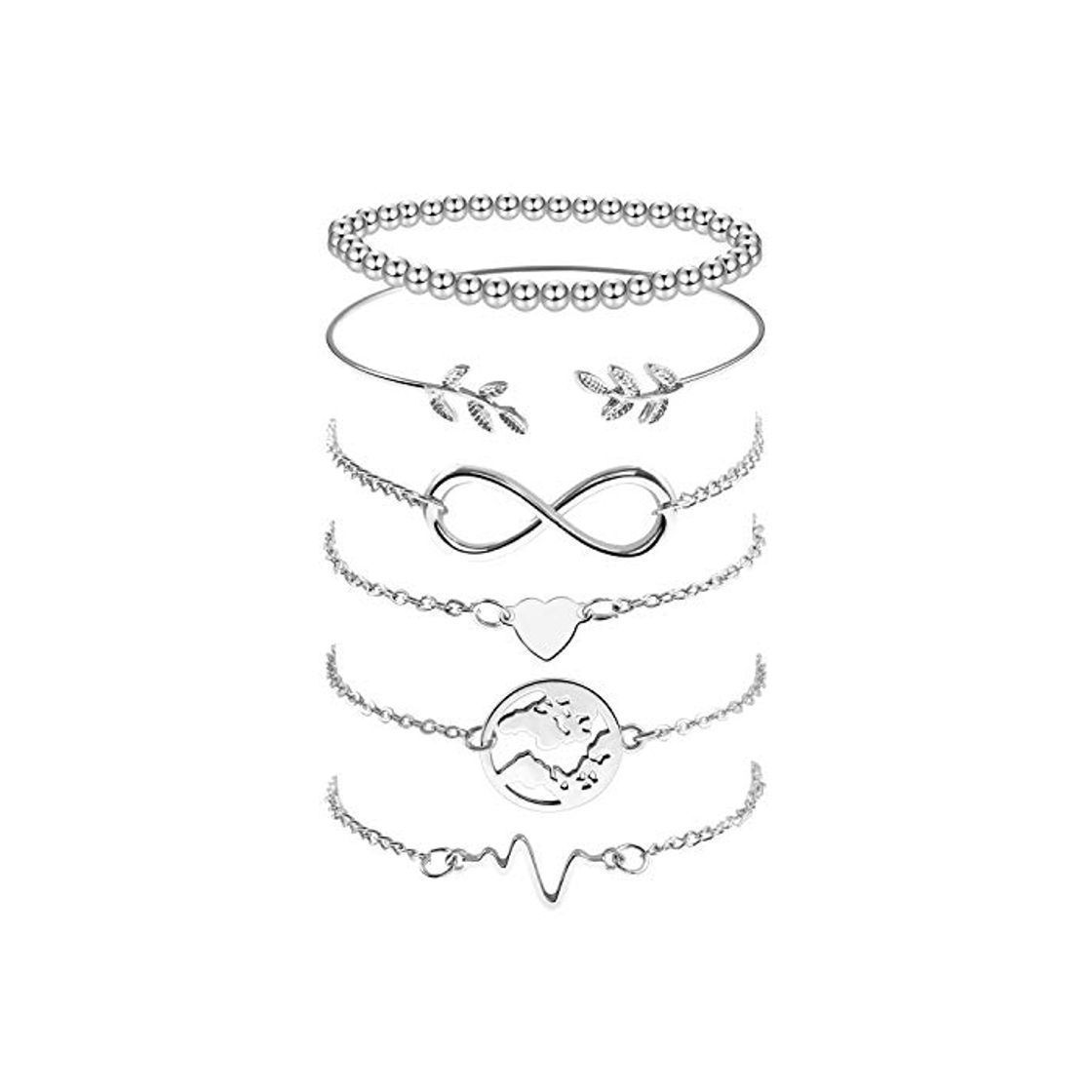 Omont 6 Piezas Plata Pulseras para Mujeres y Niña Acero Inoxidable Pulseras