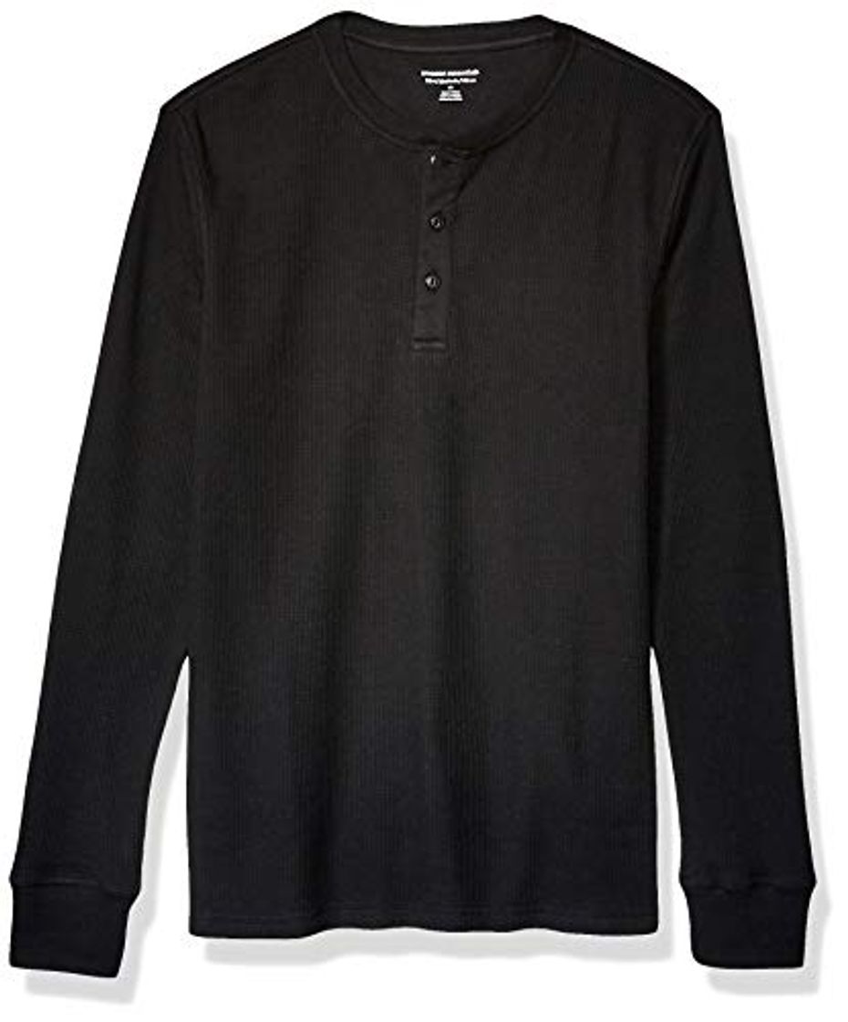 Moda Amazon Essentials Slim-Fit Long-Sleeve Waffle Henley Shirts, Negro, US L