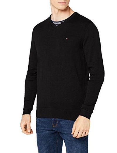 Tommy Hilfiger Core Cotton-Silk Vneck suéter, Negro