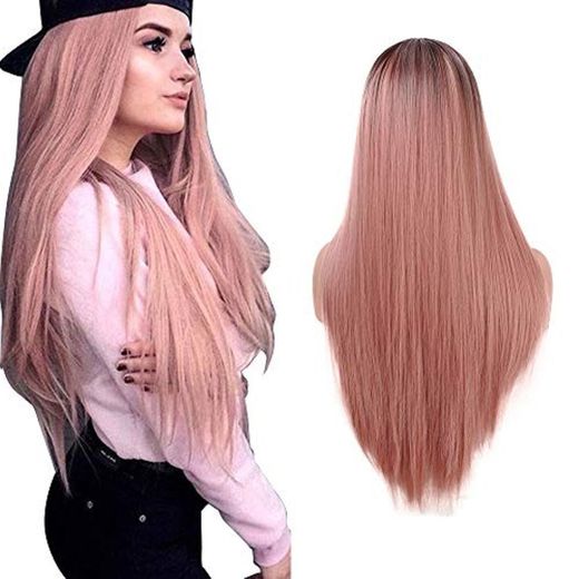 Peluca Rosada para Mujeres Ombre Sedosa Peluca Lisa Larga 22 Pulgadas Línea Natural Parte Media Peluca Sintética para Mujeres Fiesta Halloween Disfraz