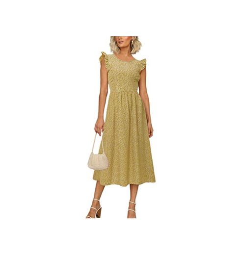 Damen Kleid mit hoher Taille Ärmellose Blumen Slim Fit Swing Midi Kleider Gelb XL
