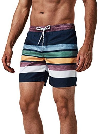MaaMgic Shorts de baño para Hombre Shorts de Playa Traje de bañode Secado rápido para Vacaciones Rayas Azul Marino M
