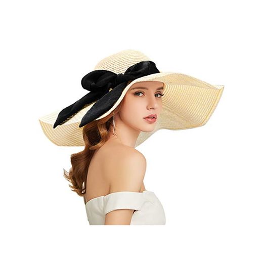 Comhats Sombrero de Verano de Paja con sombrilla para Mujer Sombrero de Sol Suelto de Playa de ala Ancha Beigemix M