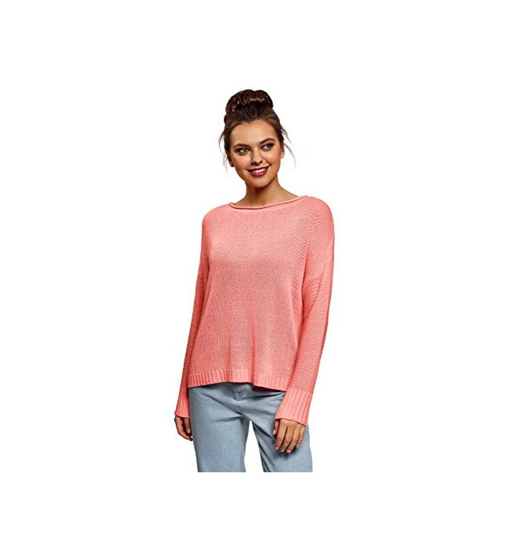 Fashion oodji Ultra Mujer Jersey de Silueta Libre con Cuello Redondo, Rosa, ES