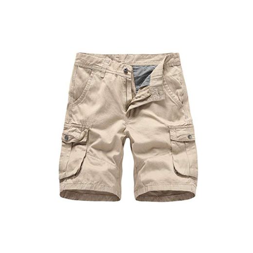 Xegood Hombre Cargo Shorts Algodón Pantalones Cortos Bolsillos Casual Bermudas Hombre Color sólido Pantalones Cortos de Verano Caqui # 4 36