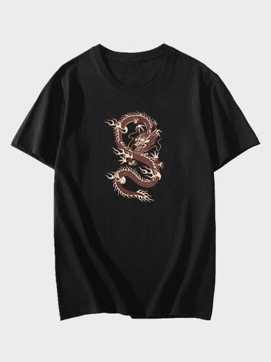 Camiseta para hombre cuello redondo con estampado de dragón