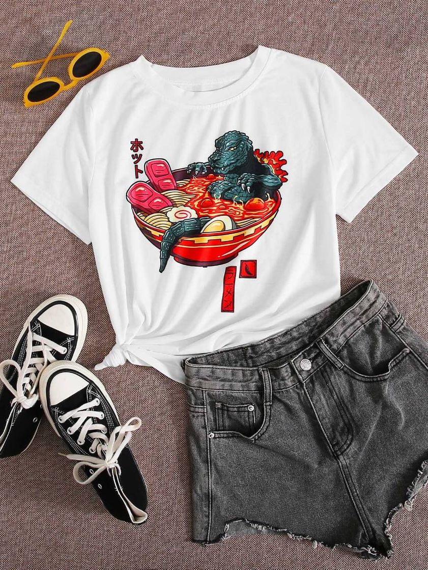 Fashion Camiseta con estampado Ramen 🍜🦖