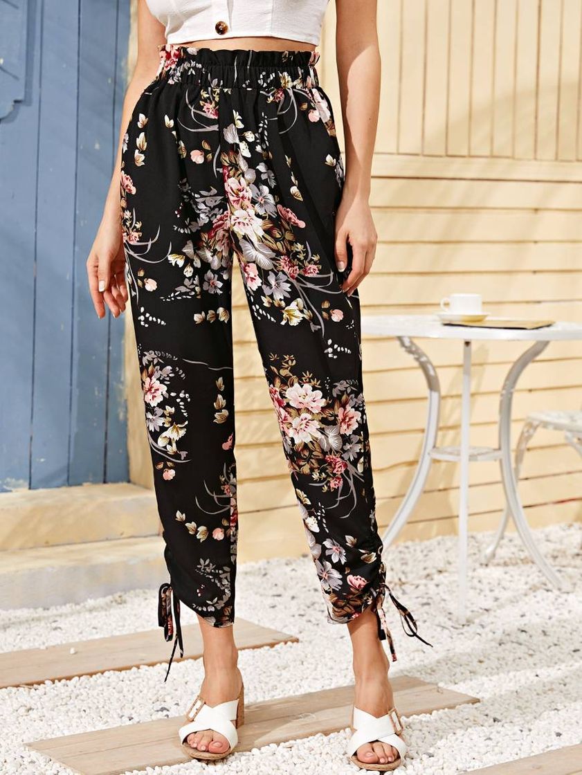 Fashion Pantalones con estampado floral bajo con nudo con cordón