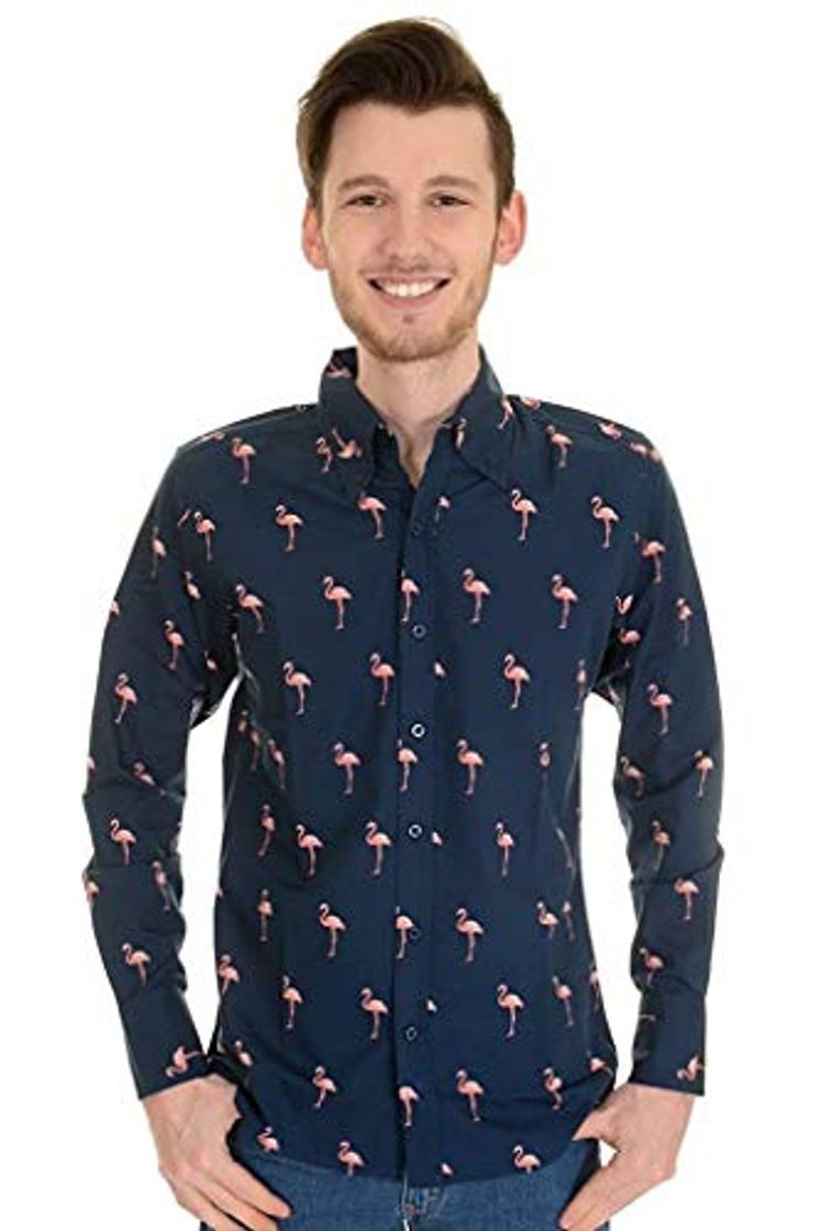 Fashion Run & Fly Hombre Indie Vintage Retro Azul Marino Flamenco Camisa de