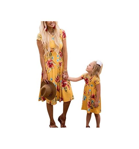Ropa para Padres Vestido de Estampado de Mangas Cortas con Estampado de Madre e Hija Vestido de Verano Estampado de miniaturas de mamá y mamá