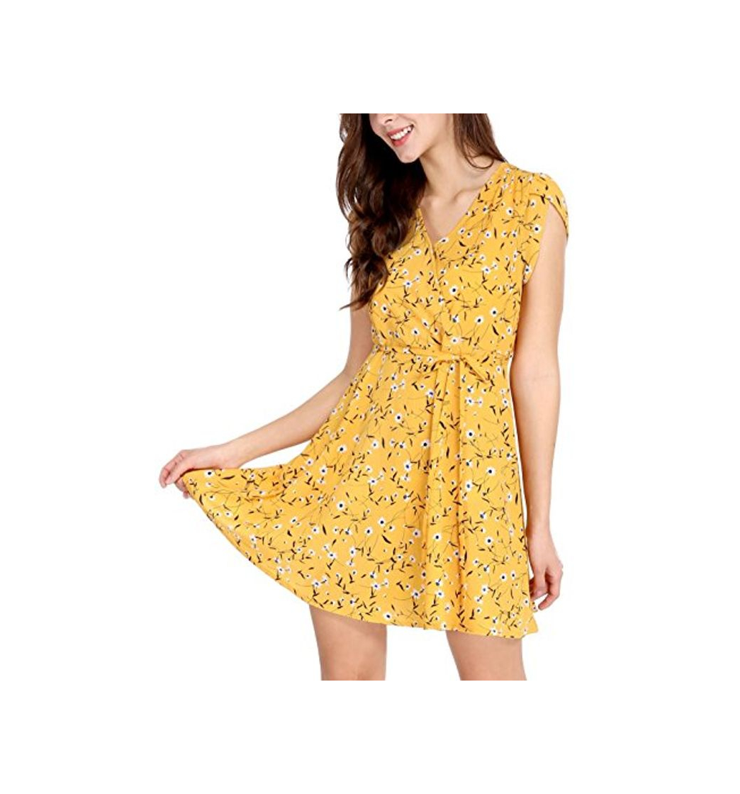 Allegra K Vestido Floral con Cinturón para Mujer Cuello En V Mangas De Pétalos Amarillo XS