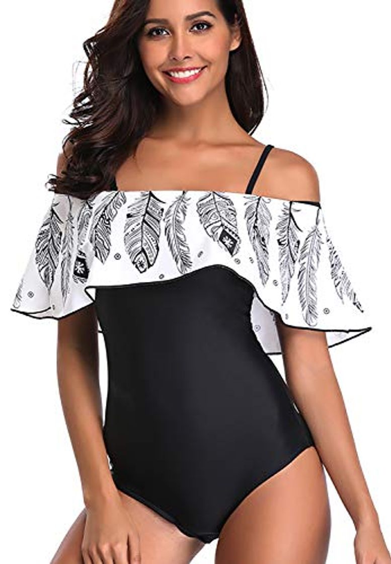 Moda Ropa Traje De Baño Completos Una Pieza Sin Mangas Tirantes Finos con Hombros al Descubiertos Pluma Bajo de Volante Volantes Bloque de Color Bañador Monokini Trikini Negro Blanco XL