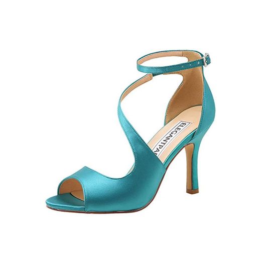 ElegantPark HP1565 Mujer Peep Toe Sandalias Boda Tacón De Aguja Correa De Tobillo Satén Zapatos De Novia Teal 38