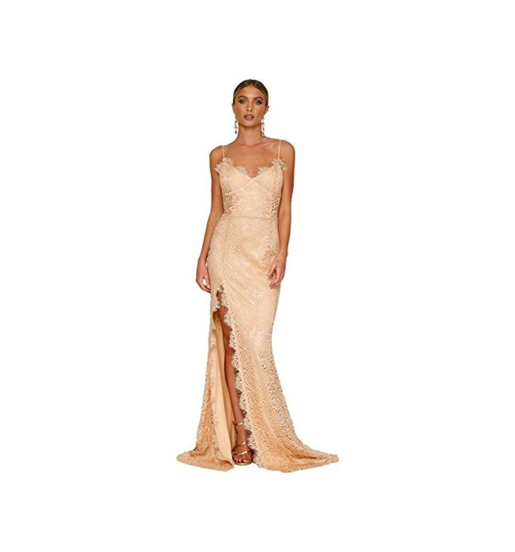 Social Moda Sin Mangas Tirantes Finos Aplicación de Encaje High Laterales Aberturas Cintura del Imperio Long Maxi Larga Largo Bodycon de Tubo Ajustado Lápiz Fishtail Mermaid con Cola Vestido Beige L