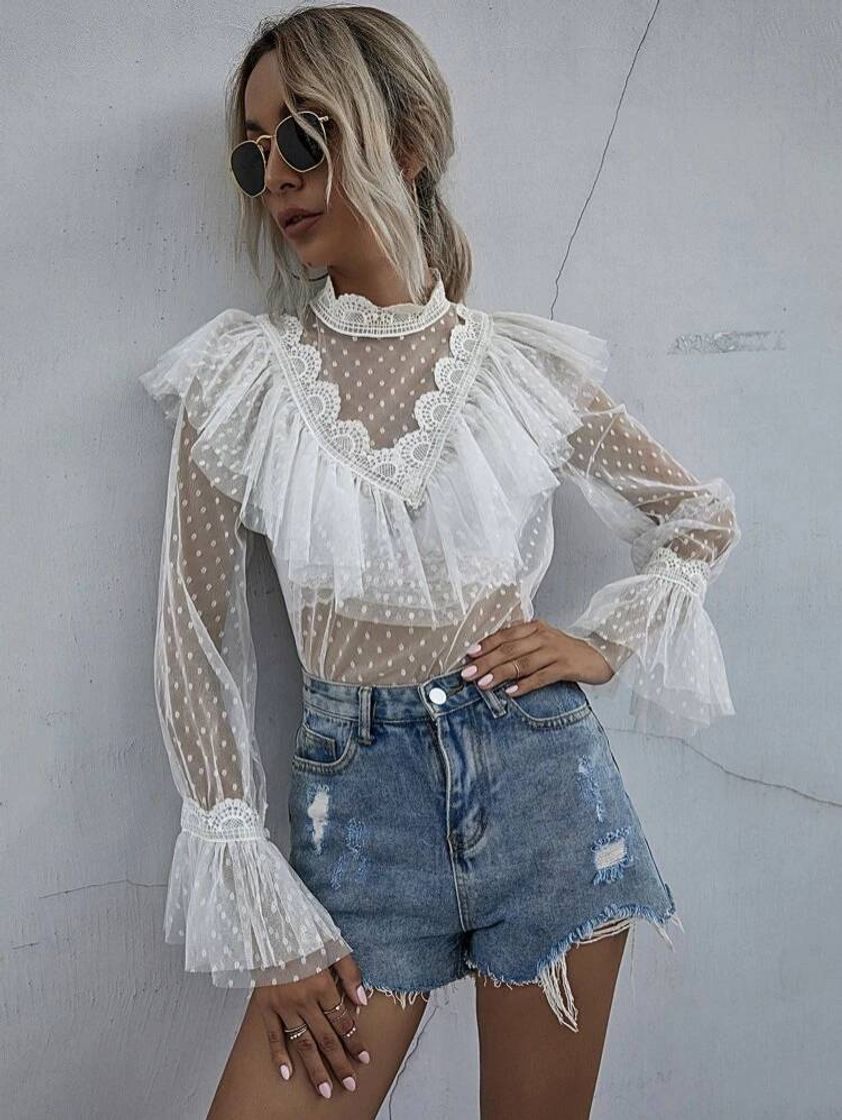 Fashion Blusa Volante Lunares Blanco Bohemio 