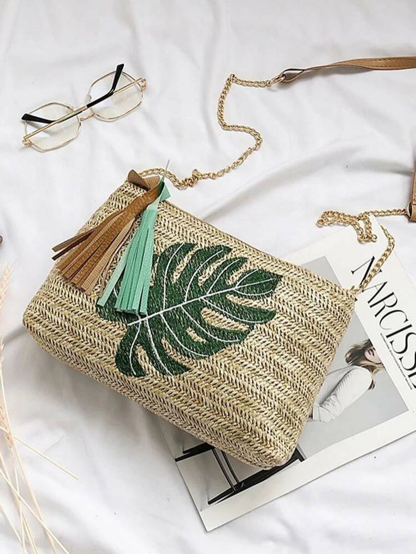 Moda Bolsa con Cadena Trenzada con Patrón de Hoja 