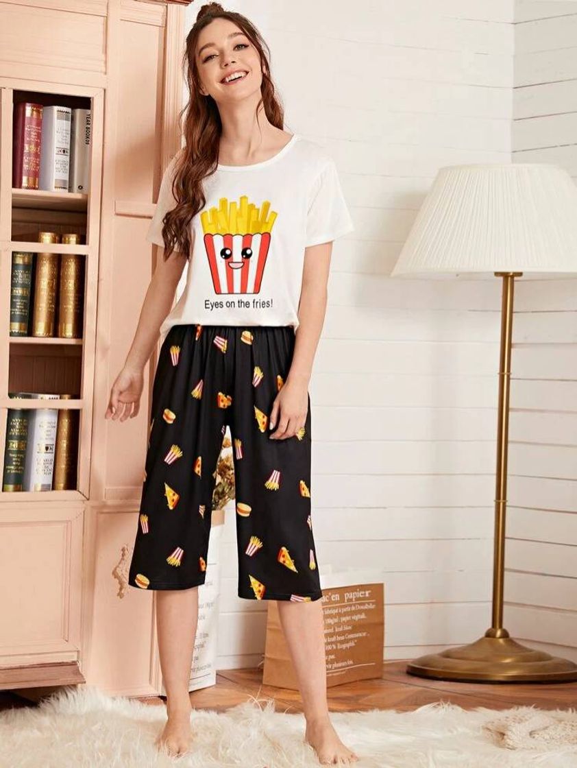 Moda Conjunto de Pijama con Estampado de Letra y Dibujos