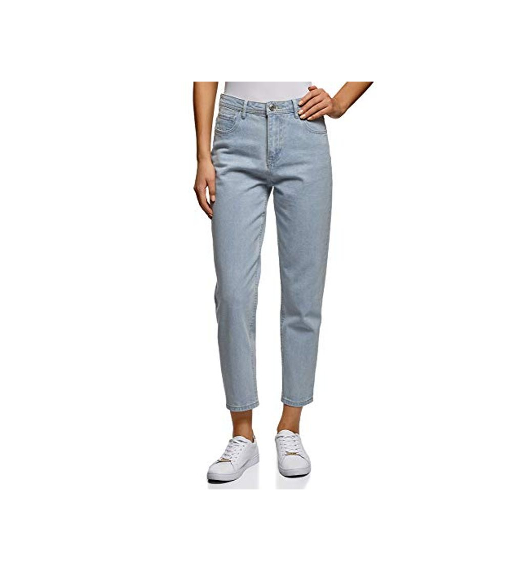Social oodji Ultra Mujer Vaqueros Mom-Fit de Tiro Alto, Azul, 27W