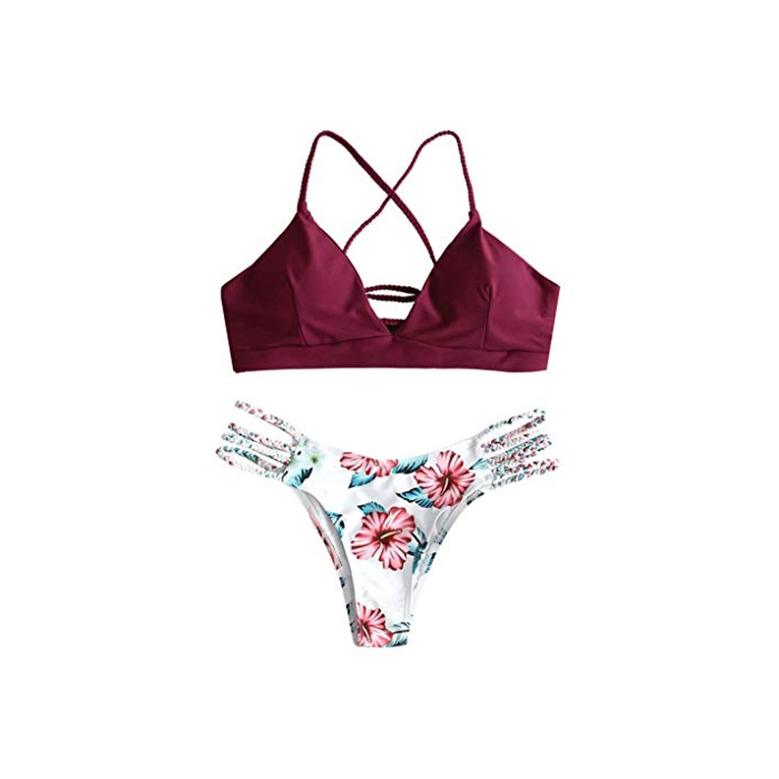 Fashion Yutdeng Sexy Moda Conjuntos de Bikini Set con Relleno Push Up Triangular Ajustable con Tirantes Cruzados Traseros Floral impresión Braga Tanga