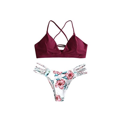 Yutdeng Sexy Moda Conjuntos de Bikini Set con Relleno Push Up Triangular Ajustable con Tirantes Cruzados Traseros Floral impresión Braga Tanga