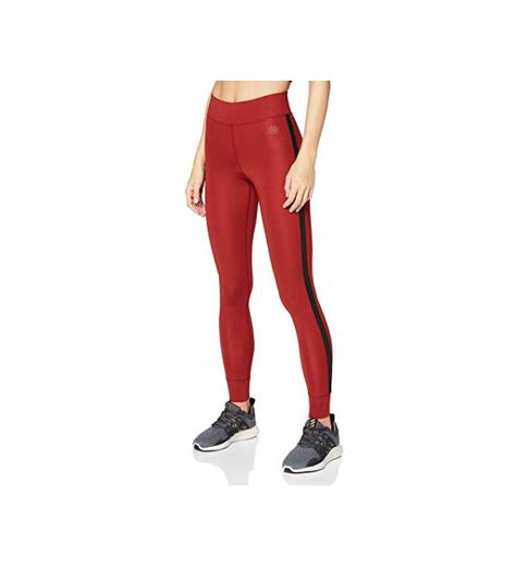 Marca Amazon - AURIQUE Leggings de Deporte con Banda Lateral Mujer, Rojo