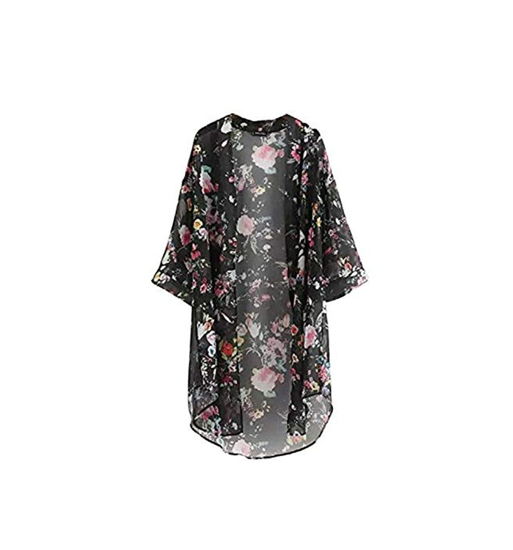 Fashion Minetom Mujeres Verano Impreso Floral de la Gasa Mantón Kimono Cardigan Tops Cover Up Negro ES 46