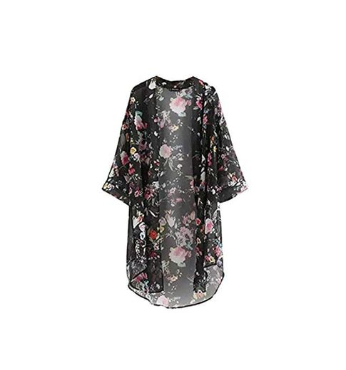 Minetom Mujeres Verano Impreso Floral de la Gasa Mantón Kimono Cardigan Tops Cover Up Negro ES 46