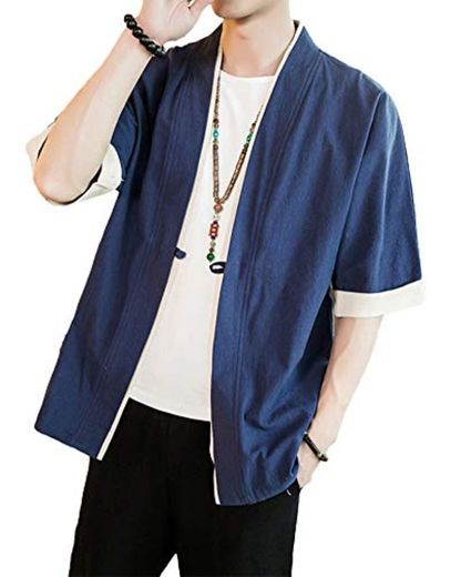 Verano Cloak Cárdigan Kimono Japón Capa para Hombres Mujeres Kimono Jacket Casual Chinese Style Armada M