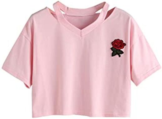 Goodsatar Mujer Rosa Manga corta Casual Camiseta Mezcla de algodón Cuello en V Chaleco Tops Blusa (S