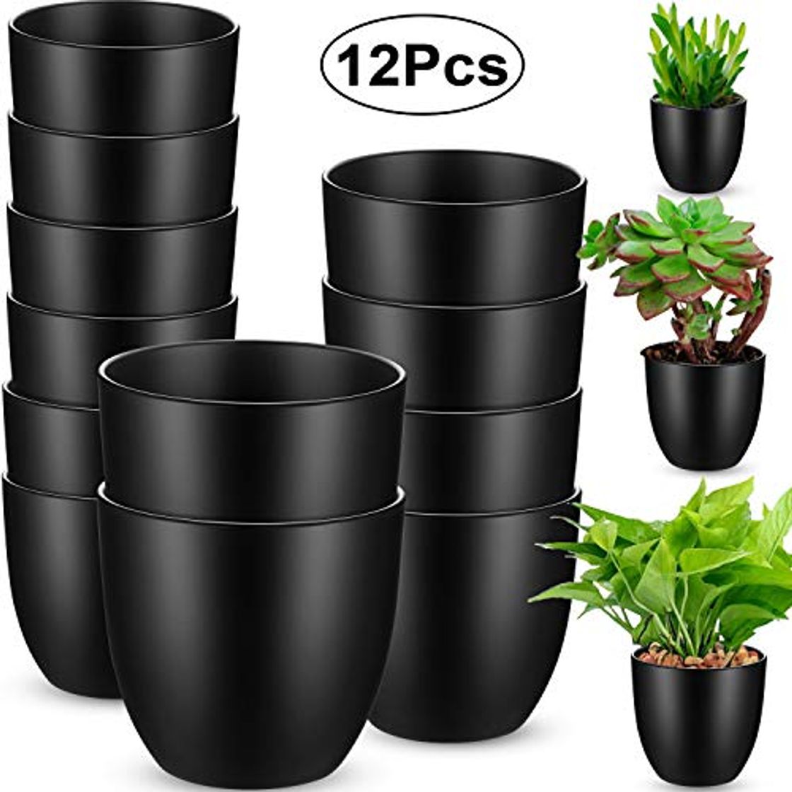 12 Piezas Macetas de Plástico Negro Plantadores de Macetas de Interior Jardineras