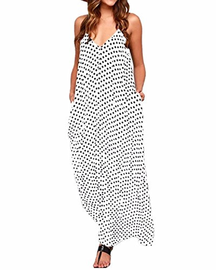 Social ZANZEA Mujeres Elegante Bohemio Algodón Casual Vestido Suelto Largo Playa Lunares Cuello V sin Mangas Blanco EU 42