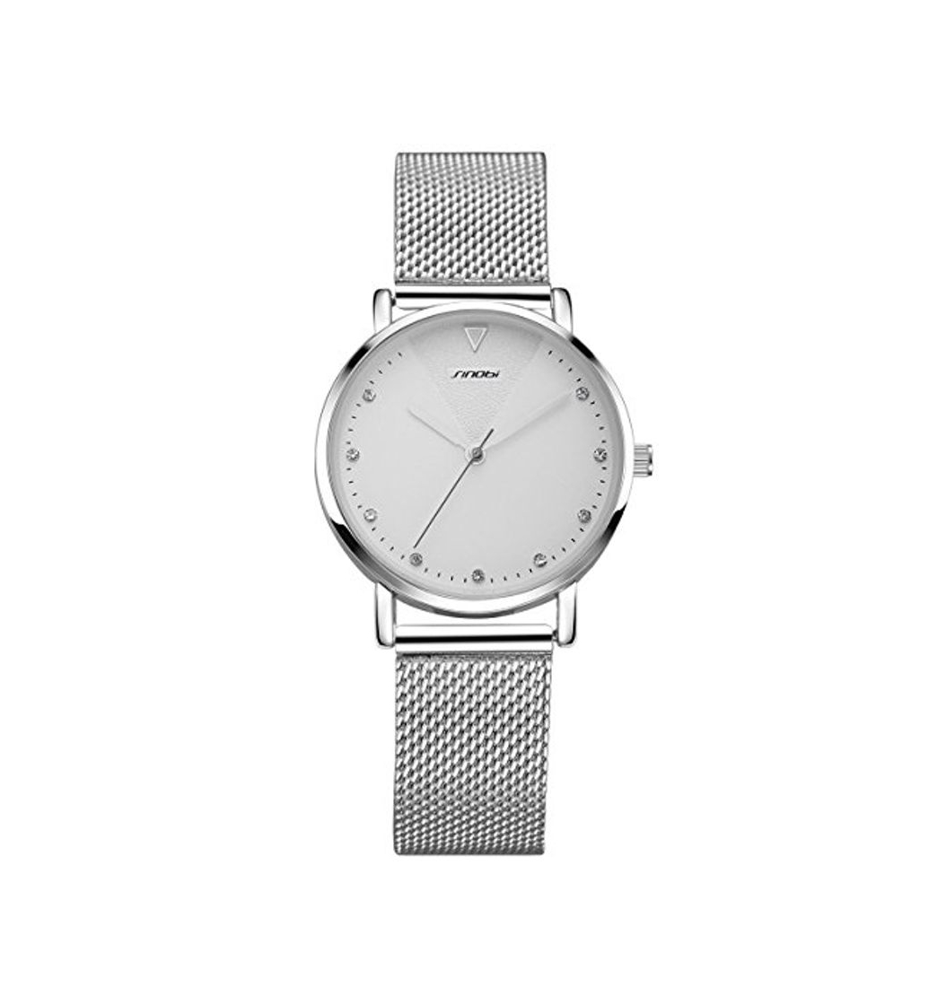 Moda Alienwork Reloj Mujer Relojes Acero Inoxidable Banda de Malla Metálica Plata Analógicos Cuarzo Blanco Impermeable Strass Purpurina Elegante