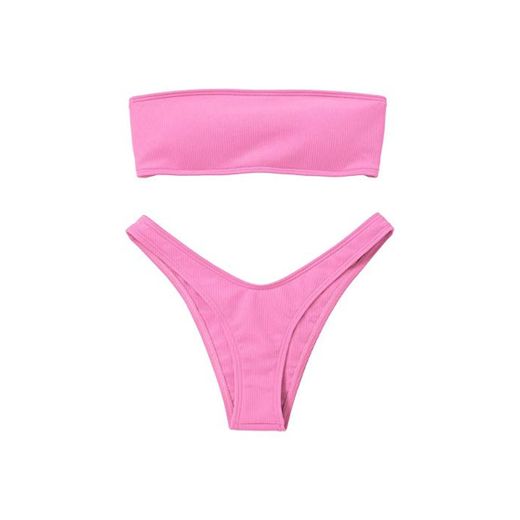 Voqeen Mujeres Sexy Bandeau Traje de baño Cuello Alto sin Tirantes Acanalado Cojín extraíble Conjunto de Bikini de Cintura Baja