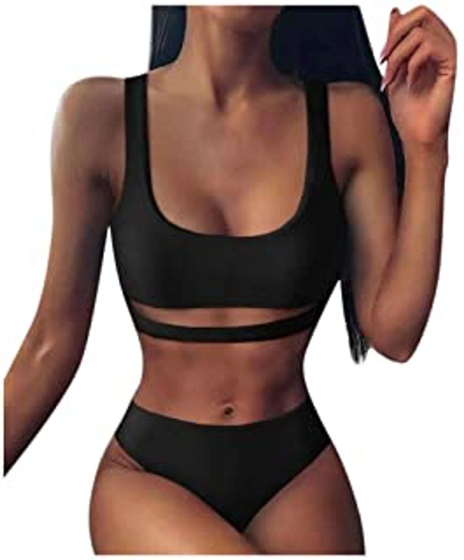 Products YGbuy Conjuntos de Bikini de Talle Alto a Tartán Sexy Retro Brasileños Mujer Traje de Baño Cuello Halter Crop Top Push Up Bra Bikini Anudado Tiras Tanga Braga Bikini Triangulo Alta