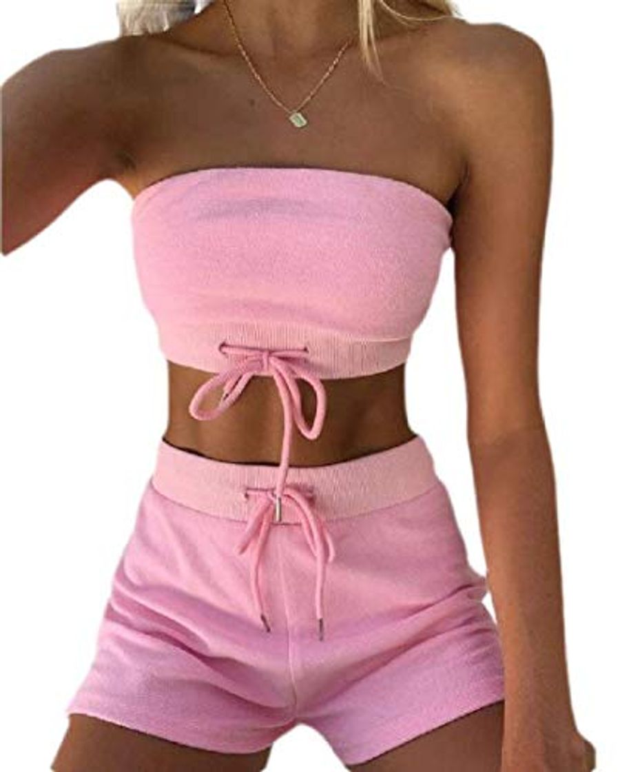 Social MU2M Women's Strapless Sexy 2 Piece Outfits Sport Drawstring Crop Tops and Shorts Set Pink US L