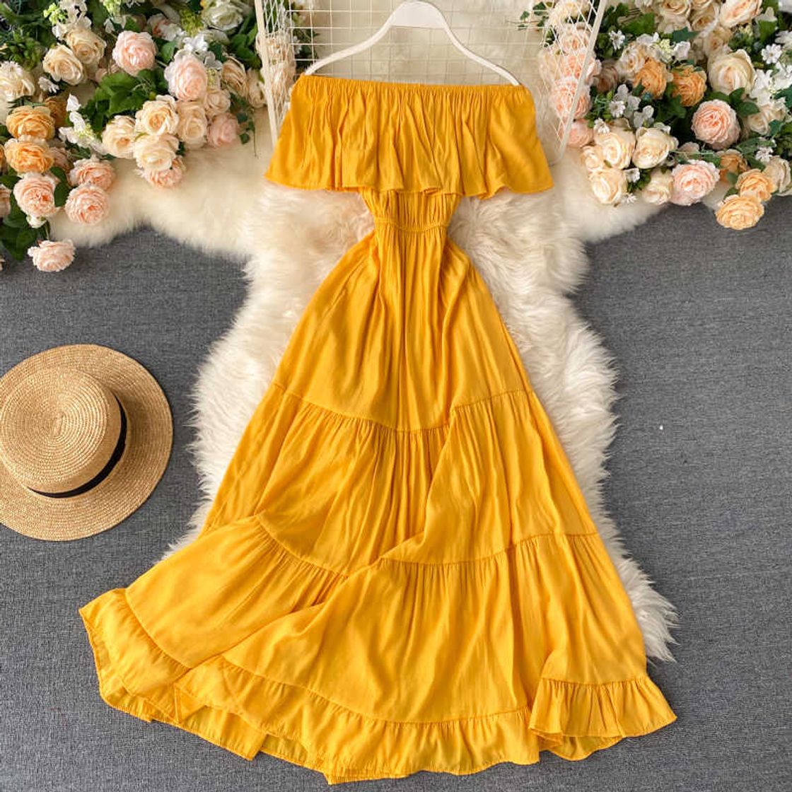 Fashion Vestido longo sem ombro com babados amarelo