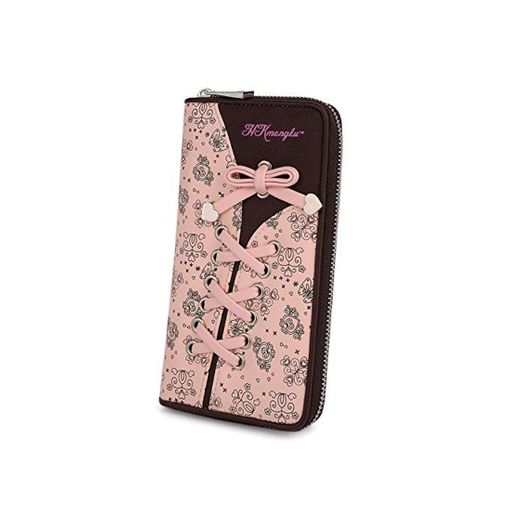 UTO Cartera RFID de Mujer Monedero Largo de Cremallera Moda Diseño Lazo Patrón Lindo Plegable con Bolsillo para Monedas Rosa