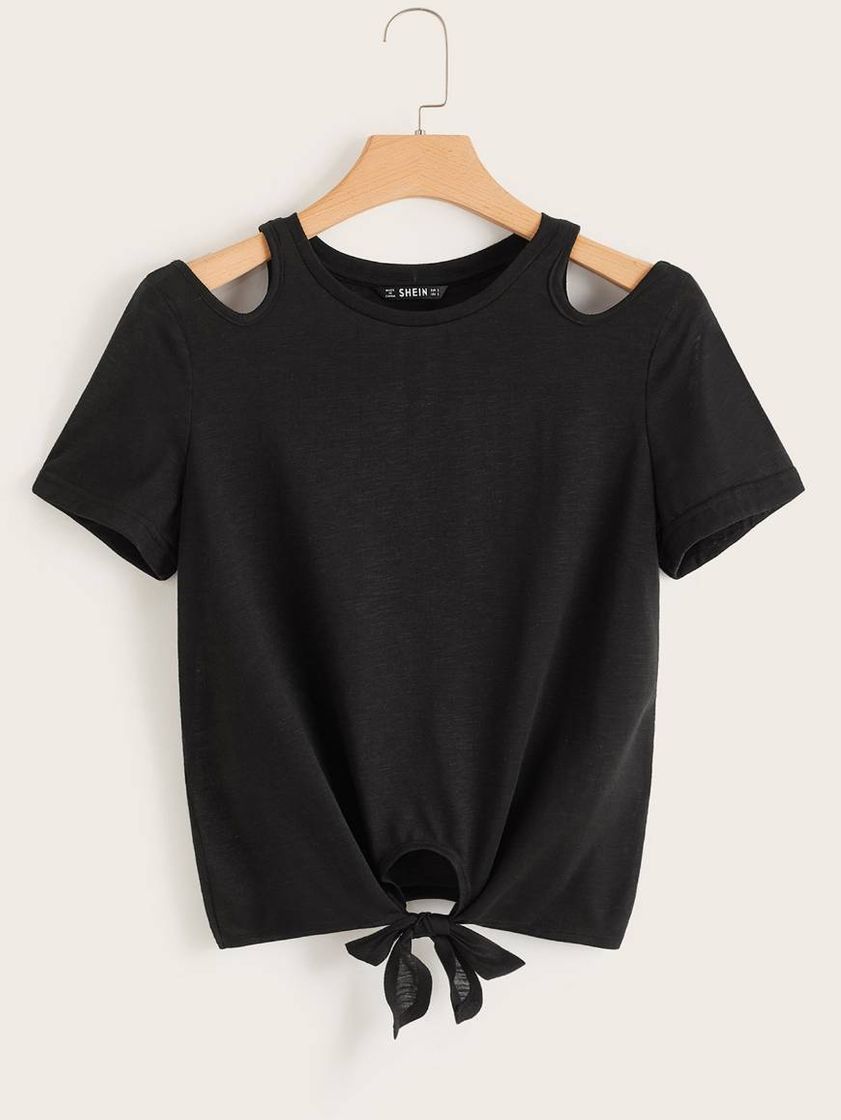 Social Shein~Top sólido con nudo delantero, de hombro con abertura!