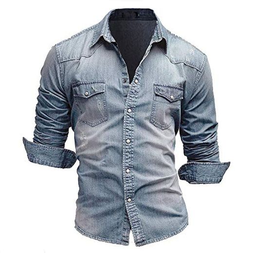 Jiayuan Camisa Vaquera Camisa Vaquera de algodón para Hombre Moda Primavera y otoño Camisa Vaquera Delgada de Manga Larga Moda Lavado Slim Top 3XL