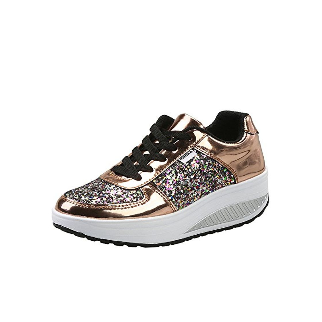 Moda Mujer Zapatillas de Deporte Cuña Zapatos para Caminar Aptitud Plataforma Sneakers con Cordones Calzado de Tacón 4cm Oro EU 39