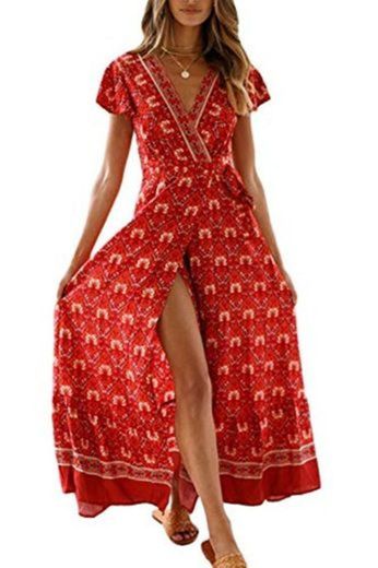 Vestido Mujer Bohemio Largo Verano Playa Fiesta Floral Manga Corta Cuello en V Talla Split Wrap Maxi Vestidos 5 XL