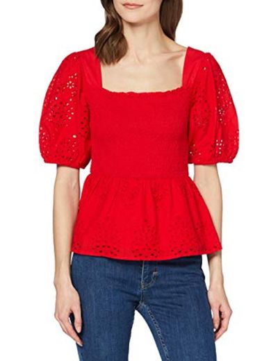 Marca Amazon - find. Blusa de Manga Corta con Volantes Mujer, Rojo