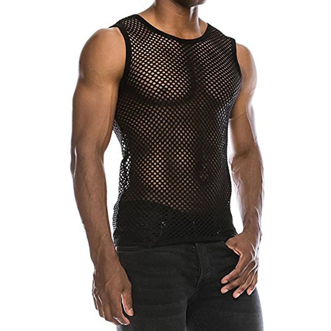 Fashion Chaleco Camiseta de Malla Hombre Lencería Erótica Fishnet Transparente sin Mangas Top Apretada Muscular Traje de Fiesta Clubwear para Hombres