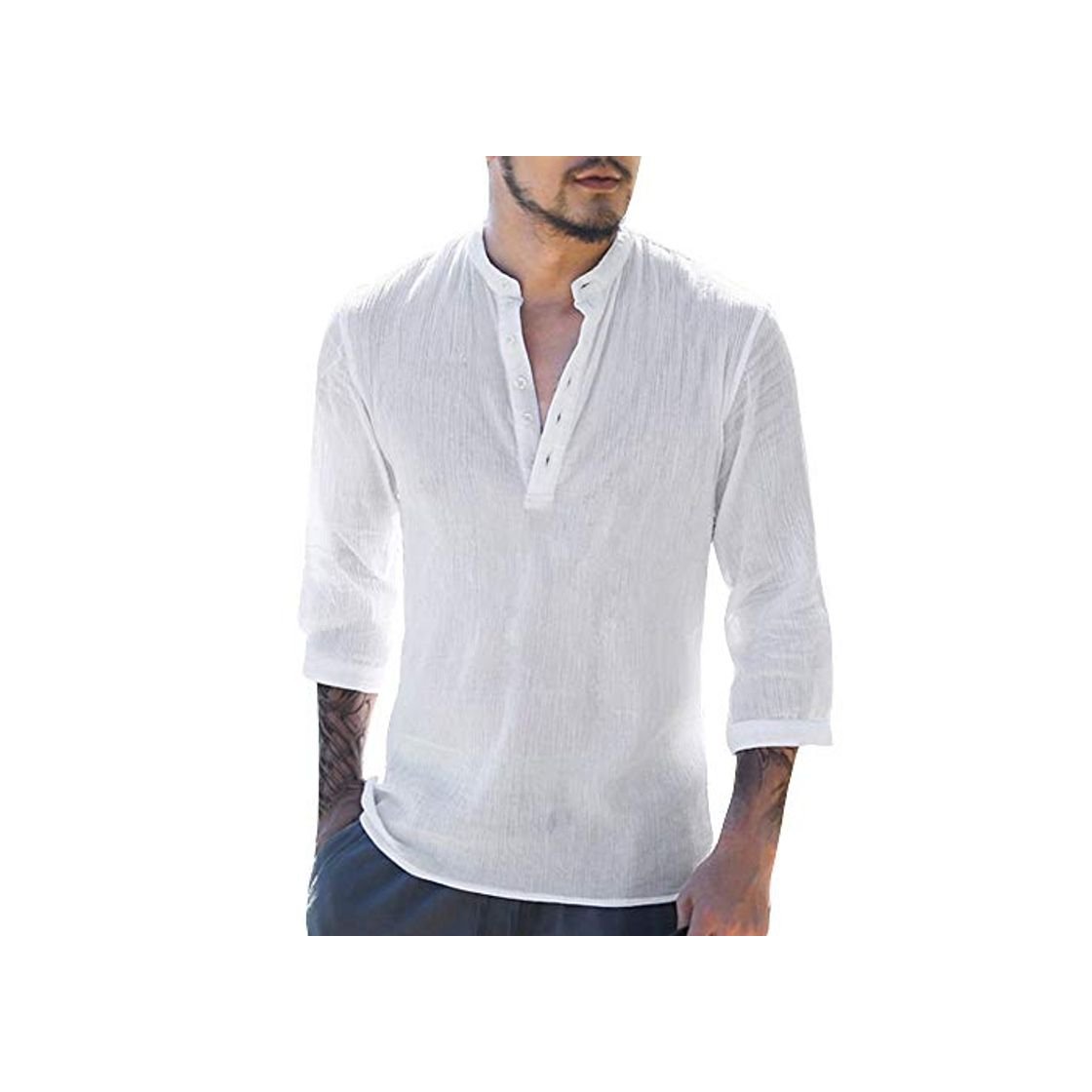 Fashion JURTEE Camisa para Hombre Algodón Y Lino Cuello En V Sólido De Color Remera Manga Larga Blusa con Botones Cómodo Top