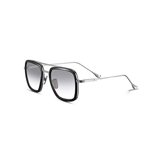 SHEEN KELLY Gafas de sol retro de gama alta Gafas Tony Stark Gafas cuadradas Montura de metal para hombres Mujeres Gafas de sol Iron Man Vuelo Mismo párrafo Transparente Lente Gradiente Gris