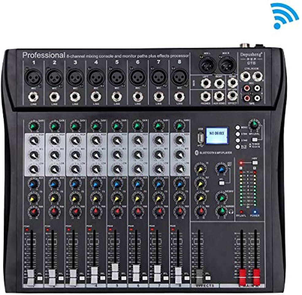 Producto Depusheng DT8 Consola profesional de mezcla de sonido para DJ de 8 canales con Bluetooth y 48V Phantom Power USB Jack