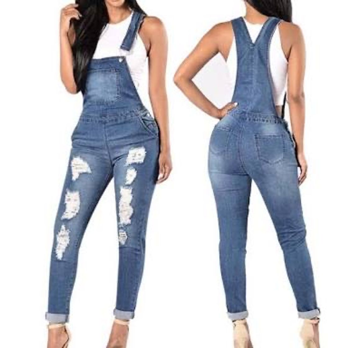 Producto Overol de Mujer Jean Monos de Mezclilla sin Mangas Delgados con Agujeros Rasgados Casuales Azul M