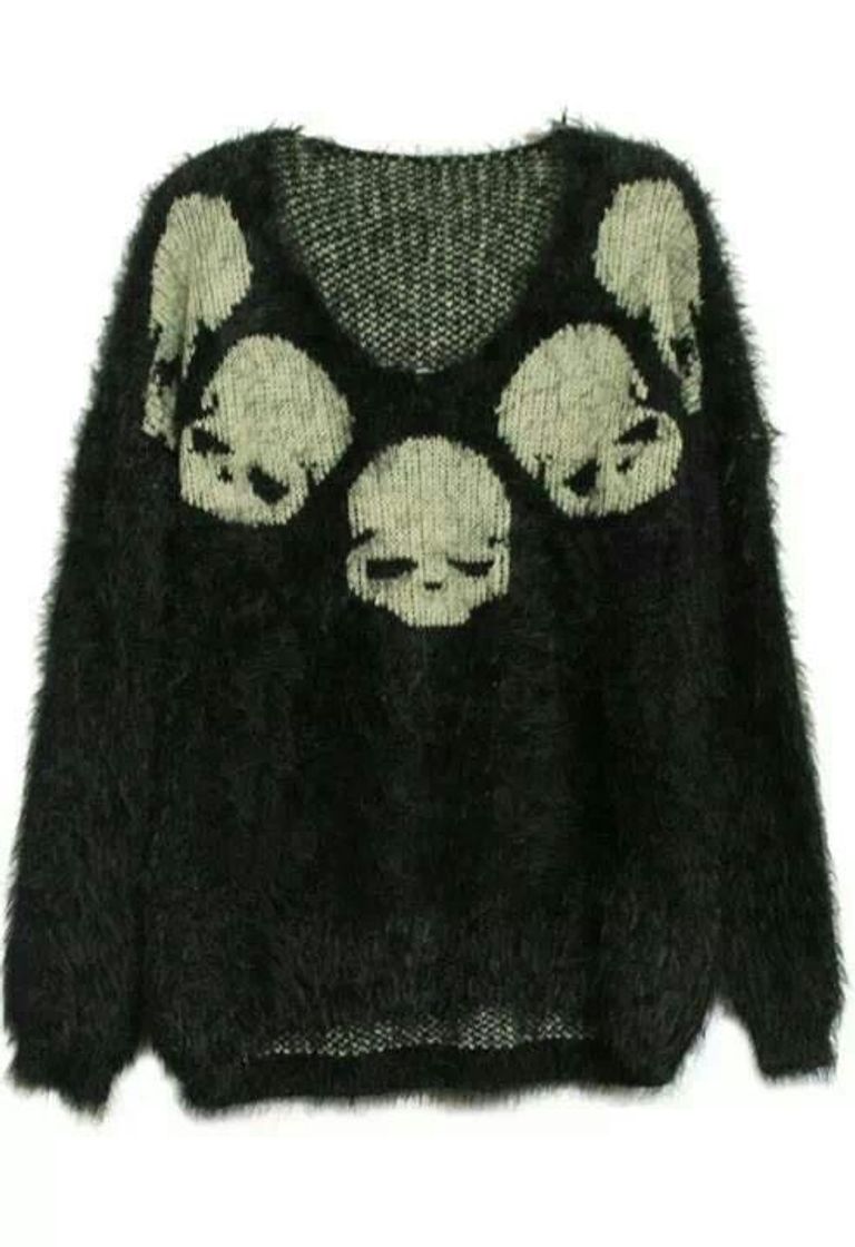 Moda Black Long Sleeve Skull Embroidery Mohair Sweater