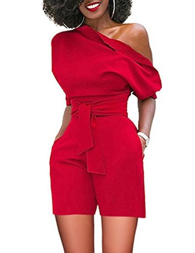 FeelinGirl Mujer Ropa Vestir Enterizo con Cintura Alta Trajes Asimétrico Piernas Anchas Rojo XXL 48