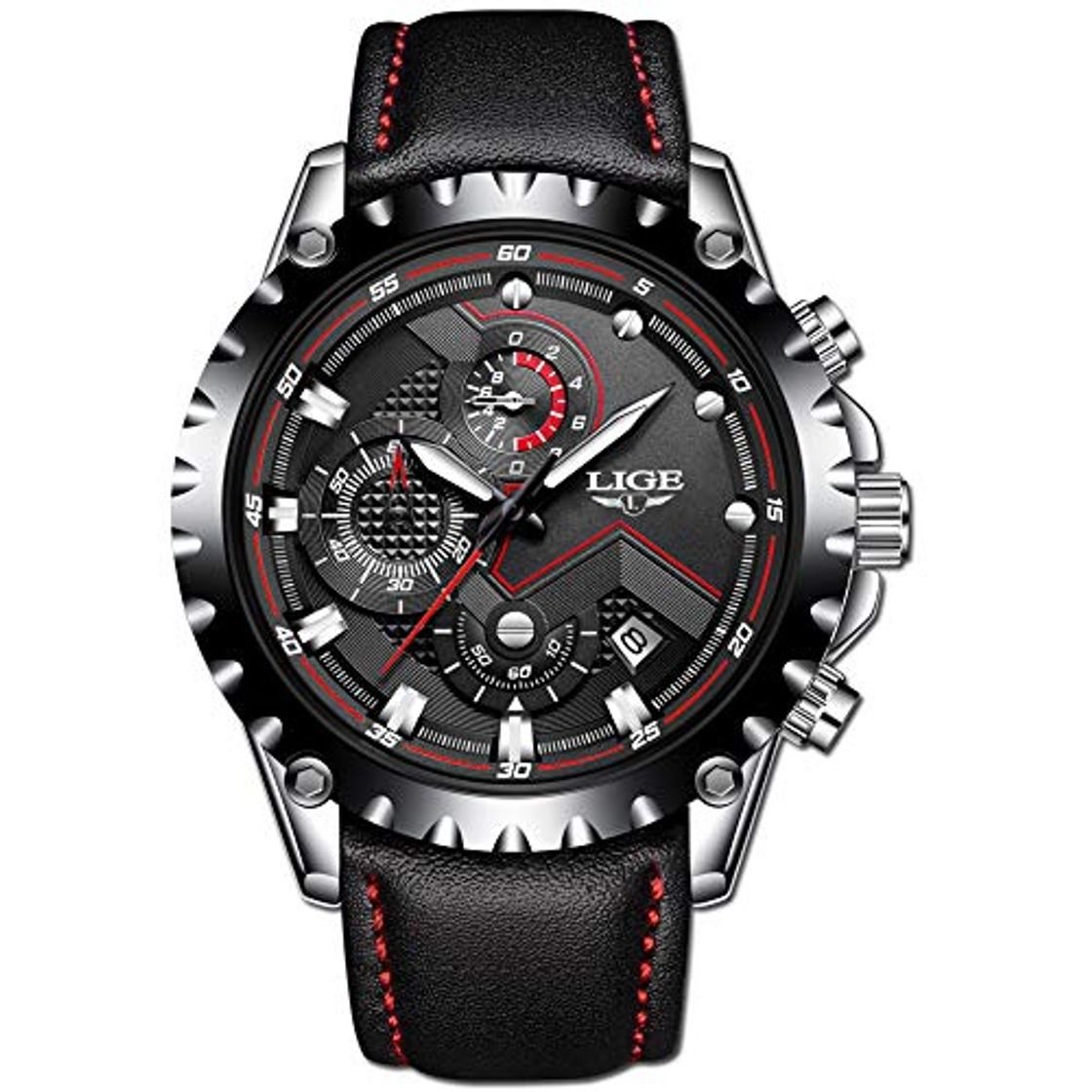 Product LIGE Relojes Hombres Cronógrafo Impermeable Militar Deportivo Analógico Cuarzo Relojes Hombre Moda Negro Cuero Calendario Relojes de Pulsera